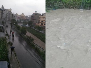 काठमाडौँमा  भारी वर्षात, बागमतीले बनायो सडक जलमग्न 