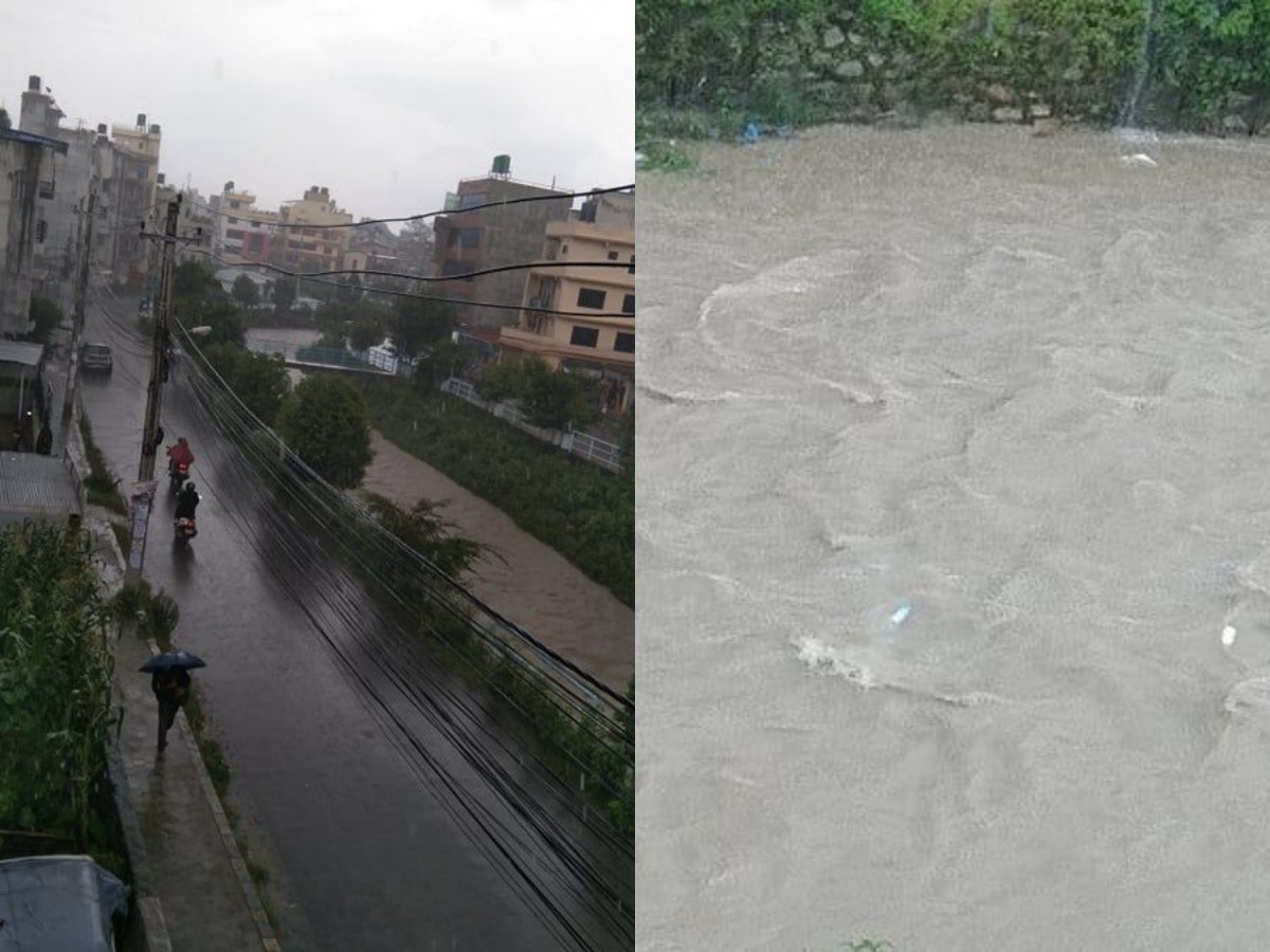 काठमाडौँमा  भारी वर्षात, बागमतीले बनायो सडक जलमग्न 