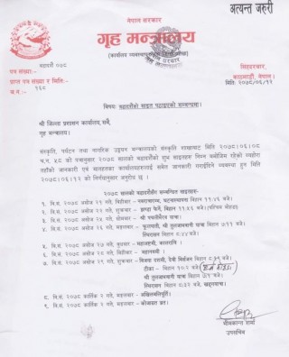 बडादशैंका नौ शुभसाइतबारे ७७ वटै सीडीओ कार्यालयलाई गृह मन्त्रालयको सर्कुलर