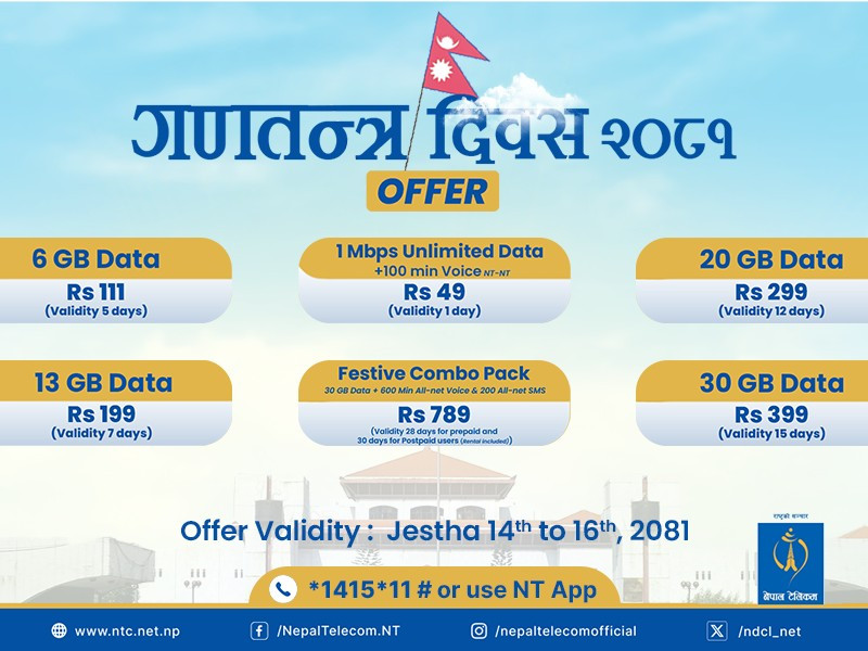 गणतन्त्र दिवसको अवसरमा नेपाल टेलिकमको विशेष अफर